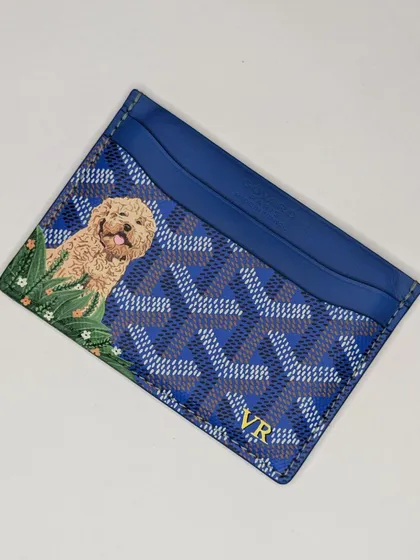 This is what it's all about, capturing the personality of your best friend on something you use every day. Getting the curls and happy expression of this Goldendoodle right on a small Goyard card holder was a fun challenge.
