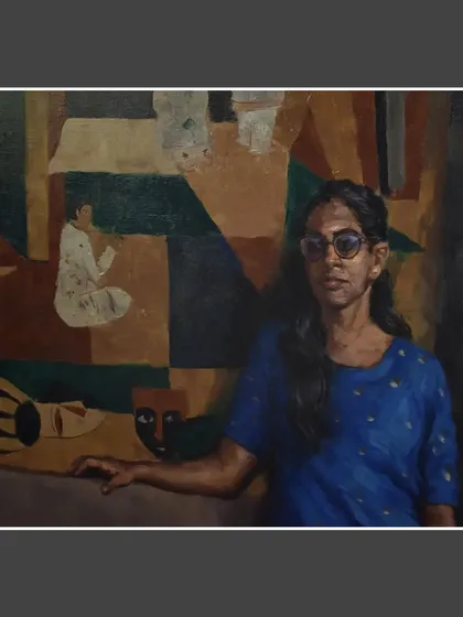 A close-up detail of the painting "Confused," focusing on the central figure and the abstract background.