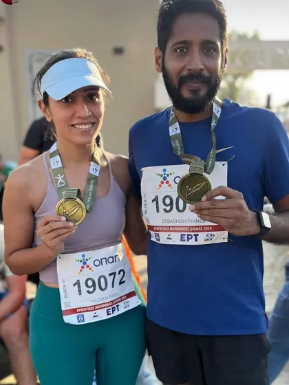 Couple goals! Our runners Razien and Debashish after completing the historic 41st Athens Marathon, running in the footsteps of legends.