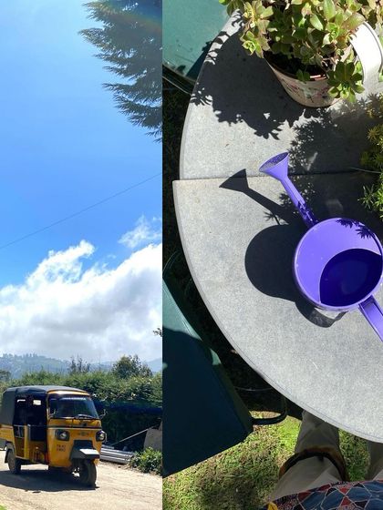 Apricity: the warmth of the sun in winter. A collage of a sunny day in the hills, with a yellow auto and a purple watering can.