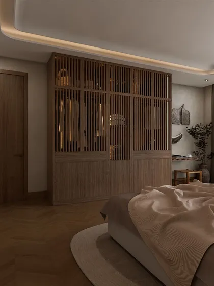 This render shows the concept for a master bedroom with a unique semi-open wardrobe made of wooden slats. This design choice creates a visual partition while maintaining an airy, open feel.