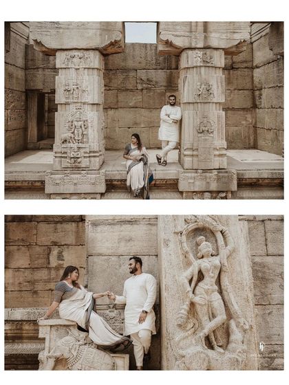 A diptych of the couple posing among the carved pillars of a historic temple.