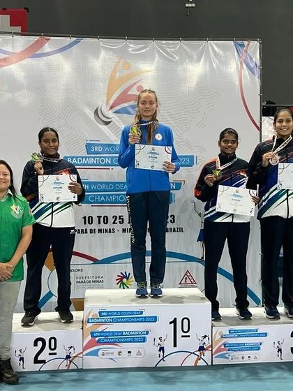 **Another World Championship Silver.** The winners' podium for the Junior Women's Singles event, with our athlete Aaditya Yadav taking the second spot against international competition.