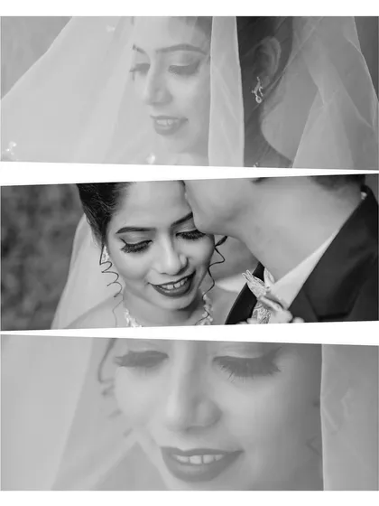 A triptych of black and white close-ups of the bride. This collage captures different expressions and details, from her smile to the groom's gentle kiss.