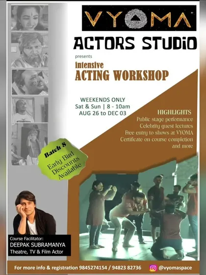 The official poster for our 8th batch of the Intensive Acting Workshop, detailing the course highlights like public stage performance, celebrity guest lectures, and more.