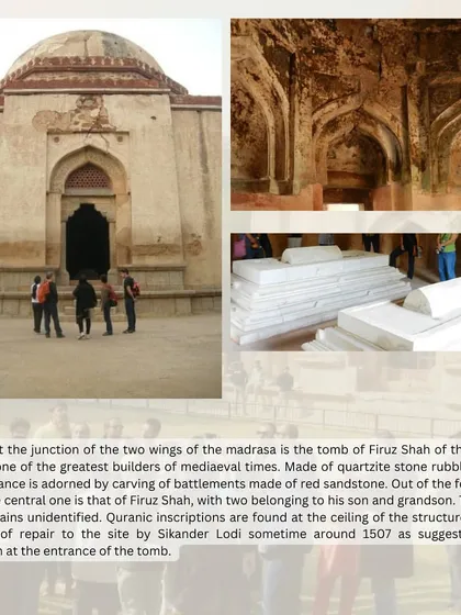 The tomb of Firoz Shah Tughlaq, located at the junction of the two wings of the madrasa. The ceiling is adorned with Quranic inscriptions.