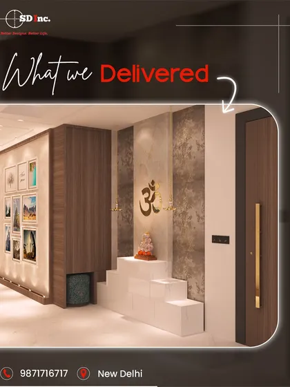 A custom-designed mandir or pooja unit that seamlessly integrates into a modern home. This piece features a white tiered base for idols, a stone-textured backdrop with a brass 'Om' symbol, and elegant wood paneling, creating a serene and sacred corner.