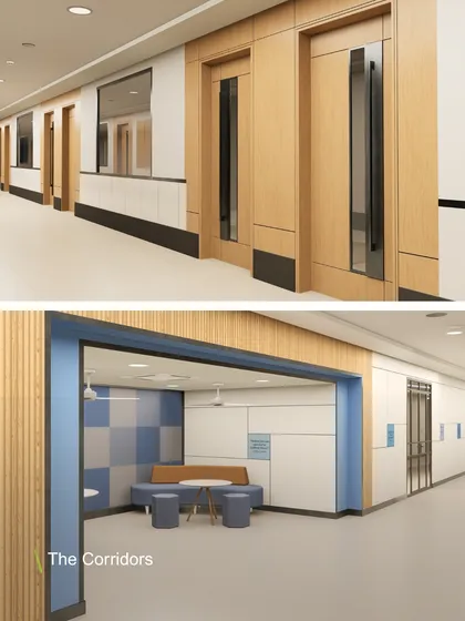 Corridors at Heritage Xperiential School are designed as more than just passageways. This image shows a breakout nook carved into the corridor, providing a space for informal collaboration or quiet study.