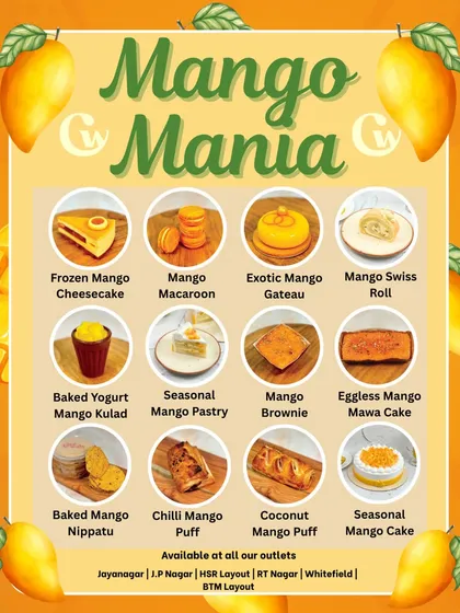 Here's the full lineup for our Mango Mania festival. We offer a dozen unique mango creations, from frozen cheesecake and exotic gateau to savory baked mango nippatu, ensuring there's a mango treat for every palate.
