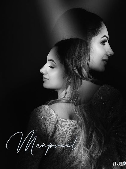 An artistic black and white portrait of Maanvi for her Roka. It captures the timeless and elegant quality of her look.