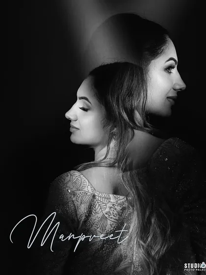 An artistic black and white portrait of Maanvi for her Roka. It captures the timeless and elegant quality of her look.
