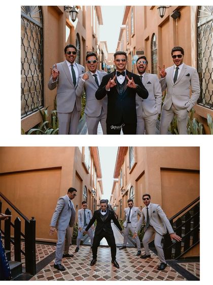 The groom and his squad strike a pose, a mix of fun and cool that perfectly captures their bond.