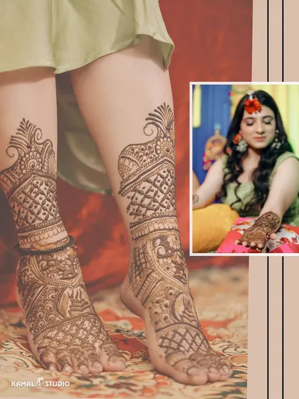 A detailed shot of the bride's intricate leg and foot mehendi design, a true work of art.