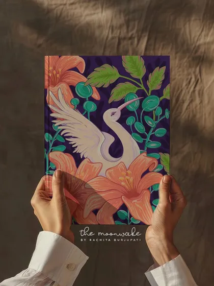 A journal for your own thoughts and creations. This is a mockup of a handmade art notebook featuring my crane and lily illustration, perfect for artists and writers.