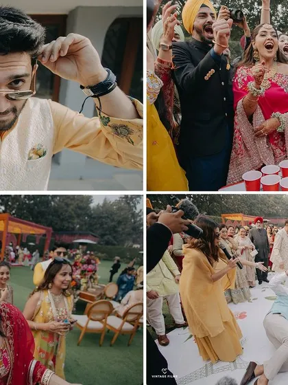 A collage of fun and energetic moments from Anmol and Ashmeet's wedding festivities. From the groom's cool entry to the lively dance floor, this captures the party spirit.