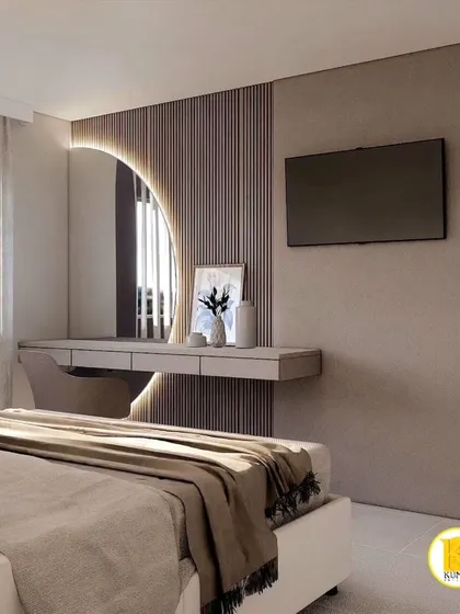 Another angle of the dressing table, showing the fluted paneling and the ample workspace.