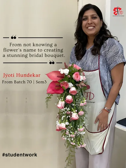 This is the journey I offer: from not knowing a flower's name to creating a stunning bridal bouquet. This piece, made by Jyoti from Batch 70, shows the confidence and skill you will gain through hands-on training and professional techniques.