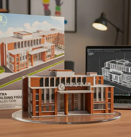 We believe in making the vision tangible. Here you can see the detailed physical model of the Physics Wallah 'Gurukulam' building we created, placed right next to its digital 3D wireframe, showcasing our process of turning a concept into a concrete plan.