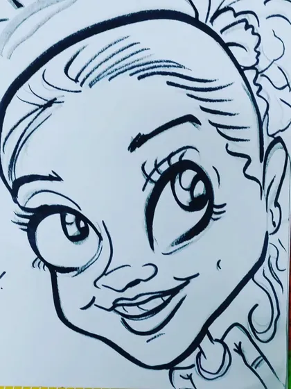 A close-up of a kid's caricature, focusing on the big, expressive eyes and happy smile.