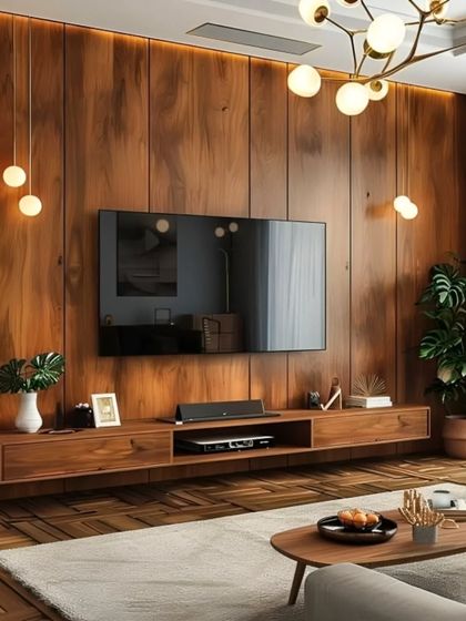 This is a duplicate of ID 21, showcasing a luxurious living room with a wood-paneled accent wall. The floating media console and modern lighting fixtures create a warm and inviting atmosphere.