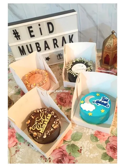 A collection of my bento cakes designed especially for Eid. Each cake has a unique festive design, from crescent moons to "Eid Mubarak" messages.