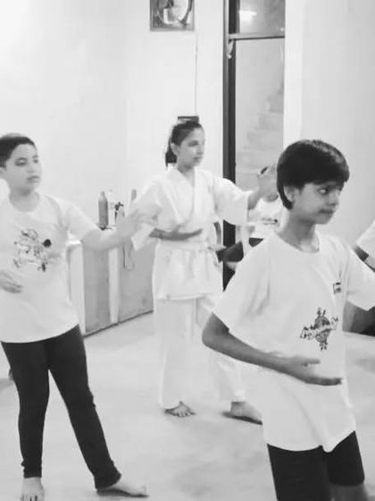 A side view of the students in their stances. A strong, stable stance is the source of all power in karate.