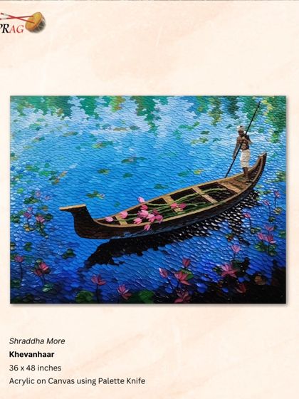 'Khevanhaar' (The Boatman) by Shraddha More, a large palette-knife painting that immerses the viewer in the tranquility of the lotus pond.