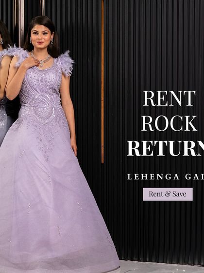 A full view of the lavender gown, perfect for a sangeet or cocktail party. The A-line silhouette is flattering for many body types, and it's available to rent for your special occasion.