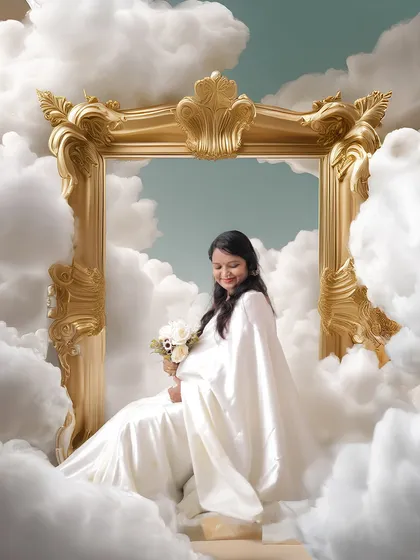 Let us bring your fairytale vision to life with our creative concept shoots. This heavenly-themed portrait places the mother-to-be among the clouds in a regal golden frame, creating a truly unique and memorable piece of art.