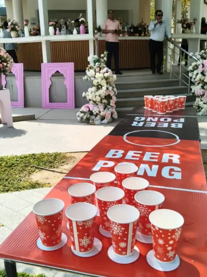A close-up of the Beer Pong table, ready for a game at an outdoor party. This is always a popular choice for adult parties, sangeets, and cocktail events.