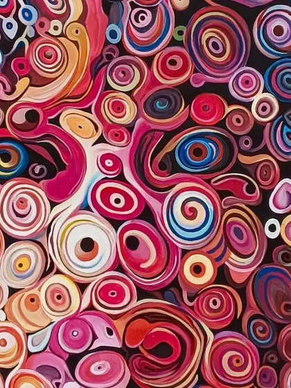 Detail of the swirling patterns that form the facial features in the Marilyn Monroe mural.