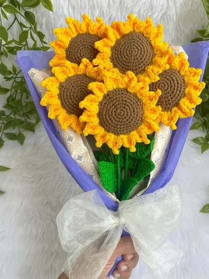 A handful of sunshine to brighten any room. This bouquet of five handmade crochet sunflowers is one of my absolute favorites to create. Each petal is crafted to bring a smile, making it a perfect gift that lasts forever.