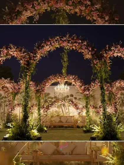 An enchanting Nikaah setup with intertwined floral arches against a hand-painted tropical backdrop. The central chandelier adds a touch of classic elegance to the natural, garden-like setting.