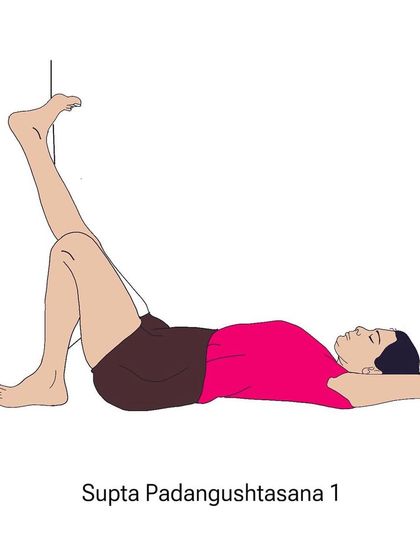 An illustration of Supta Padangusthasana I with the leg on a wall, from a DIY sequence for lower back pain.