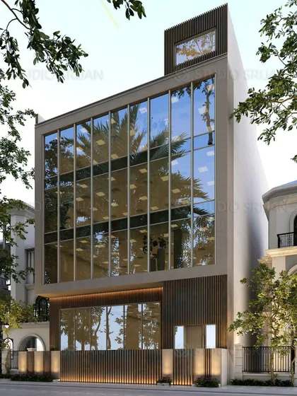An angled view of the Lawrence Road commercial building. The design is clean and professional, with a large glazed area that allows natural light to flood the interior office spaces.