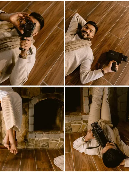 A collage that tells the story of their creative and fun-loving nature. He becomes the filmmaker, capturing his muse, showing that their love story is a collaboration.
