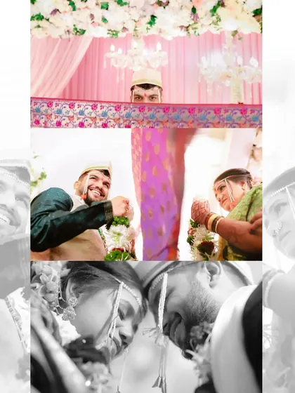 A collage of key moments from a Maharashtrian wedding, from the Antarpat ritual to the couple's first look and intimate portraits.