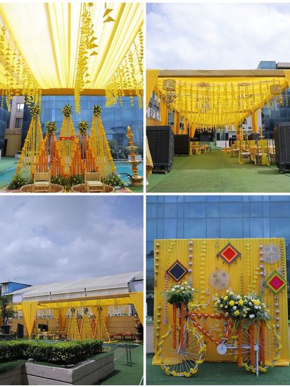 We capture the details that create the atmosphere. This collage showcases the vibrant Haldi decor, from the marigold-draped seating area and canopy to a whimsical photo booth with a decorated bicycle.
