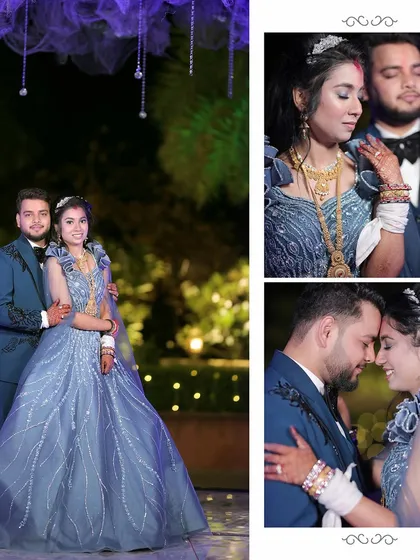 A collage of a couple in blue outfits at their engagement, showing full-length and close-up romantic portraits.