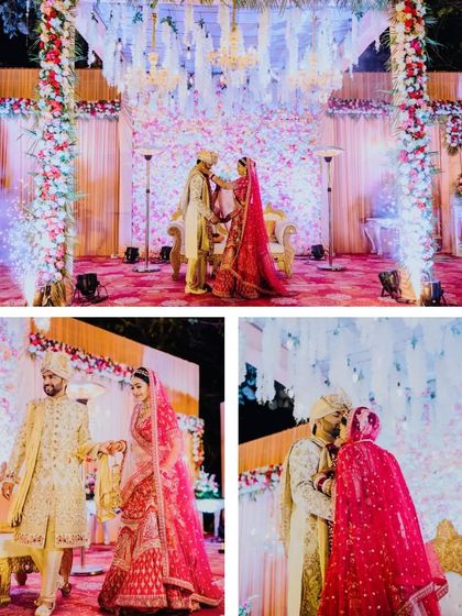 A collage from Jyotsna and Prateek's grand wedding ceremony, showing their Varmala exchange and first moments as a married couple on a beautifully decorated stage.