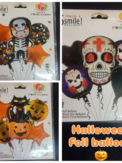 Halloween foil balloon sets. This image shows various 5-piece sets, including a skeleton, sugar skulls, and a black cat, perfect for creating fun balloon bouquets.