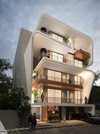 An alternate angle of the Dwarka Sector 23 proposal, showing how the curved frames create sheltered balconies and a unique architectural identity.
