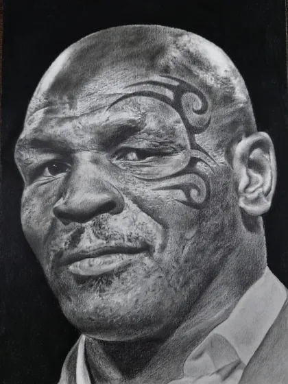 A hyper-realistic sketch of boxing legend Mike Tyson, focusing on the texture of his skin and his iconic face tattoo.