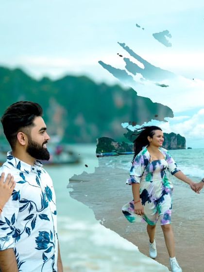 A creative edit combining a close-up portrait with a candid walking shot on the beach, adding an artistic touch.