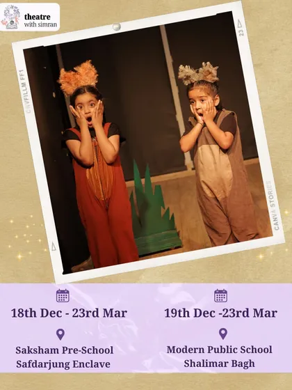 Two young actors in costume, with shocked expressions, from our production of "The Three Little Pigs." This poster announces our program dates and locations.