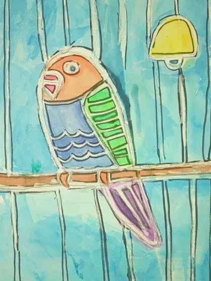 This parrot has a softer, more blended look, created with a different coloring technique. We introduce students to various mediums and methods.