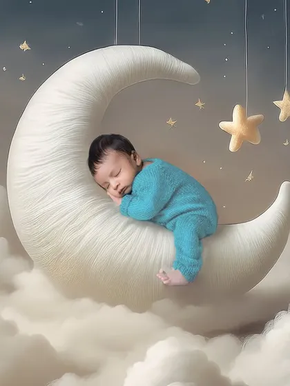 Sweet dreams are made of this. A newborn sleeps peacefully on a soft crescent moon, surrounded by stars. Our dreamy, imaginative setups turn your baby's first portraits into a fairytale.