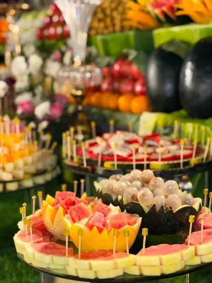 A closer look at the artfully cut fruits on my display counter. Watermelon, guava, and lychees are presented in creative ways, making them even more tempting for guests.
