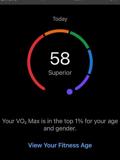 Another confirmation of a superior VO2 Max of 58, placing me in the top 1% for my age and gender. This is a key indicator of my cardiovascular fitness.