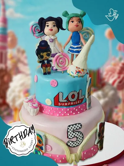 A sweet and surprising LOL Surprise doll cake. This two-tier design features popular characters, bright colors, and a fun zipper detail, making it a hit with young fans.